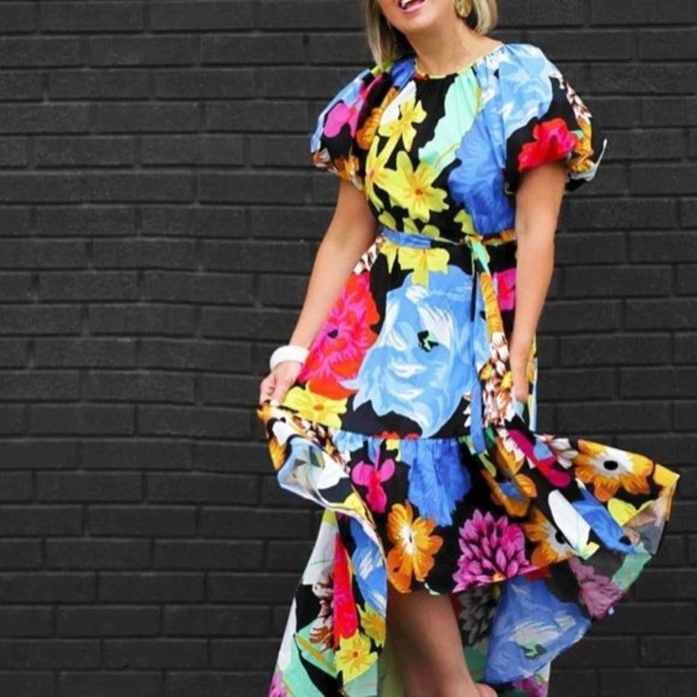 Christopher John Rogers Woman Floral High Low Dress Small Puff Sleeve Bright New - Picture 3 of 11